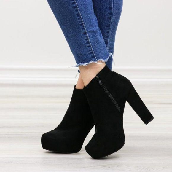 Platform Black Suede Ankle Heeled Booties - Picture 4 of 12